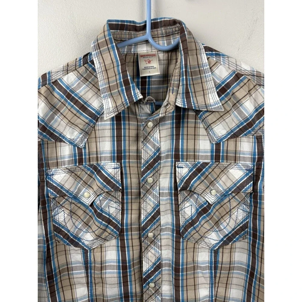 True Religion Button Up Shirt Mens Large Beige Pearl Snap Plaid Western Cowboy